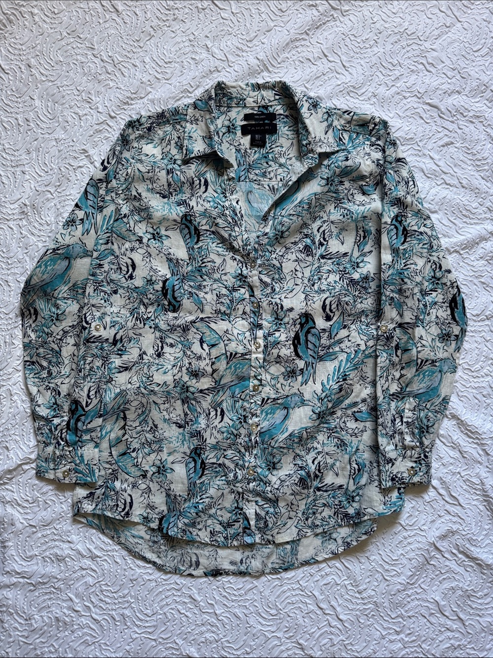 Tahari Teal and Black Botanical Linen Button-Down Shirt
